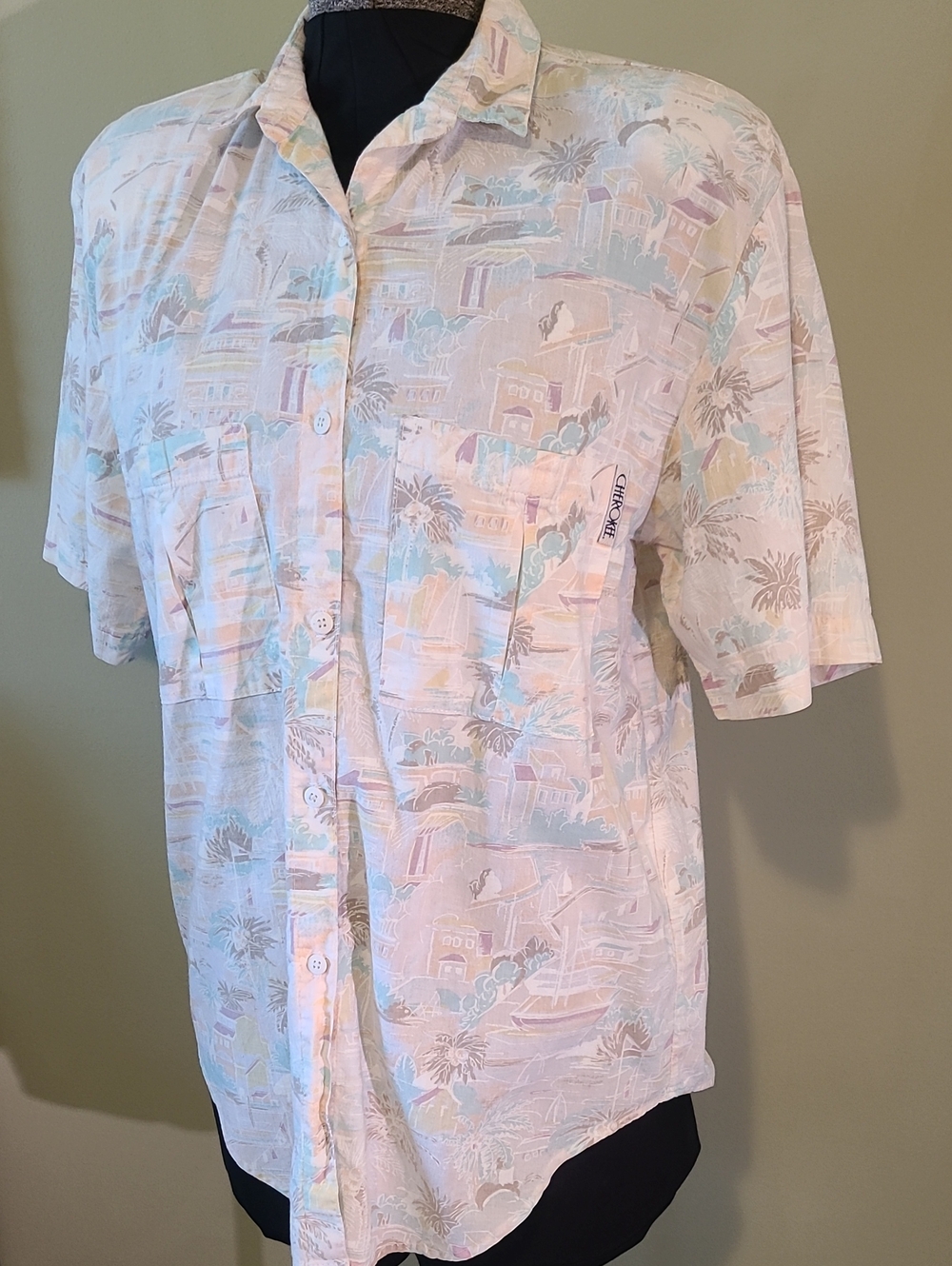 Vintage Cherokee Women's Pastel Print Short-Sleeve Button-Up Shirt Size Large